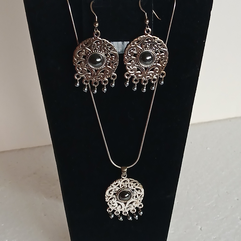 Sterling Silver And Hematite Necklace and Earring Set